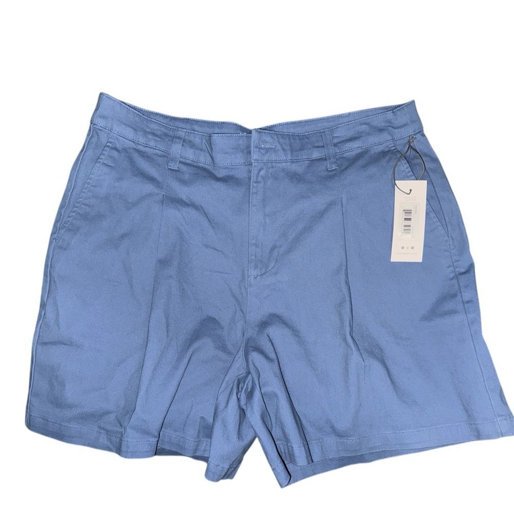 Three Dots Bermuda Shorts NWT 12 — Dusty Blue Quiet Luxury High-Rise